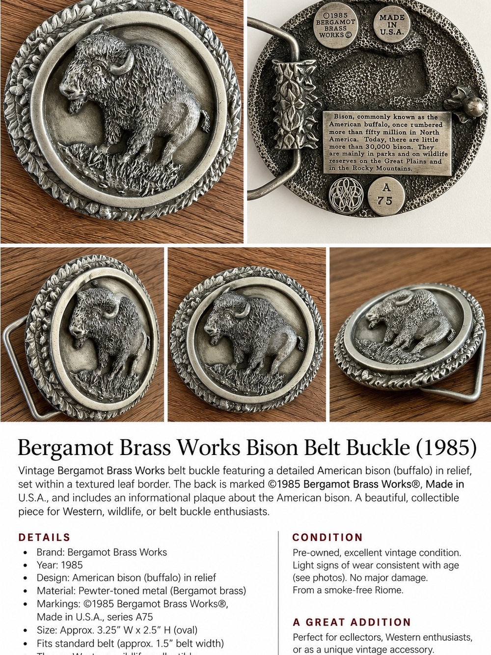 Vintage 1988 Bergamot Brass Works Bison Buffalo Belt Buckle A75 USA